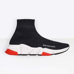 Balenciaga Men Speed Trainers in Black Knit and White Balenciaga Logo-Red