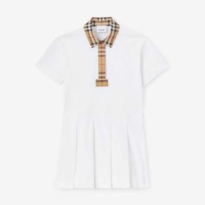 Burberry Girls' Vintage Check Trim Cotton Piqué Polo Shirt Dress-White