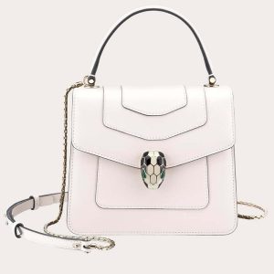 Bvlgari Serpenti Forever Medium Flap Cover Handle Bag Calfskin-White