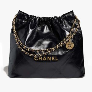 Chanel Women 22 Handbag Shiny Calfskin Gold-Tone Metal Black AS3261