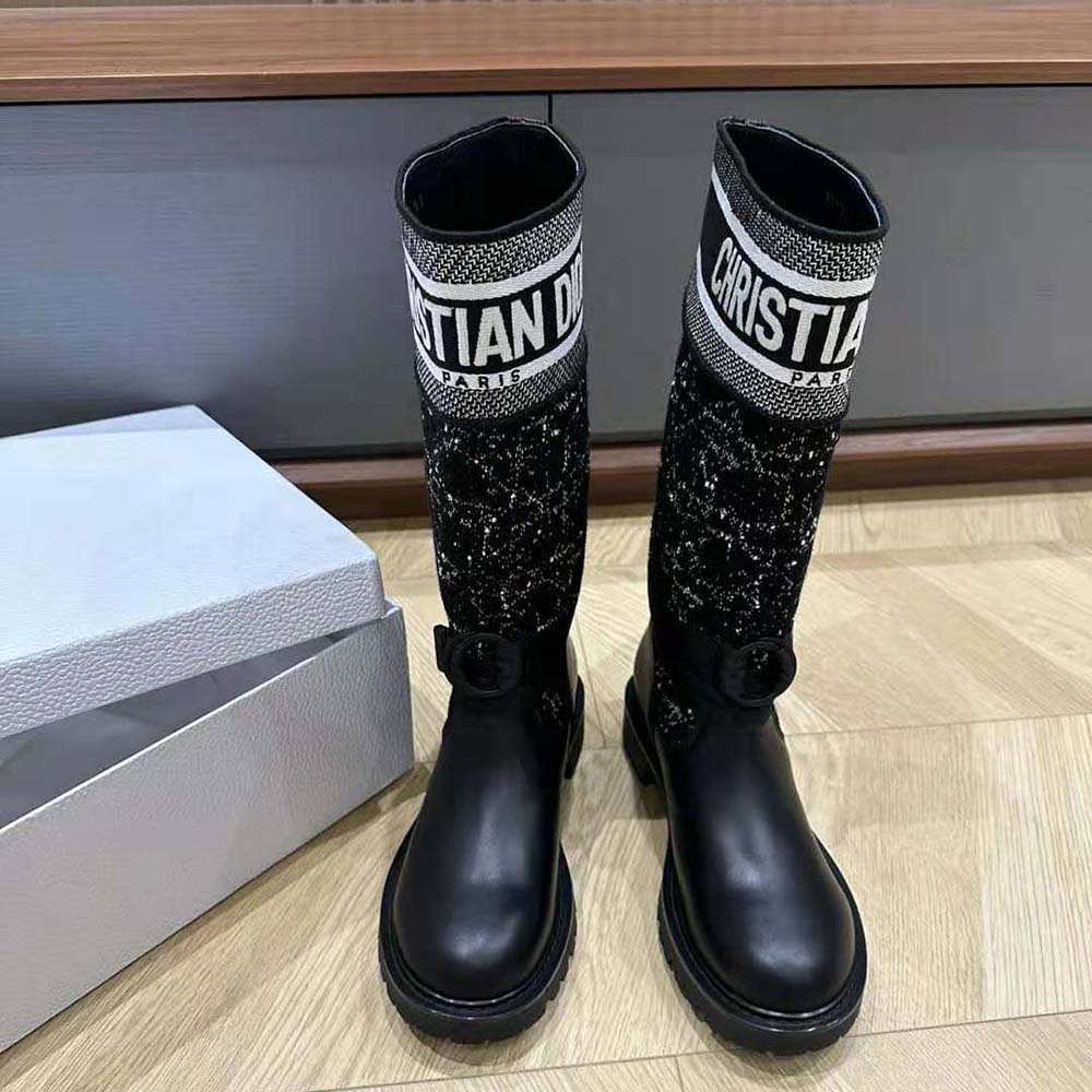 Dior Women D-Major Boot Black Calfskin with Black and White Cannage Tweed - Image 2