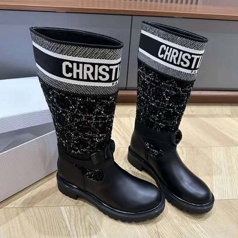 Dior Women D-Major Boot Black Calfskin with Black and White Cannage Tweed - Image 6