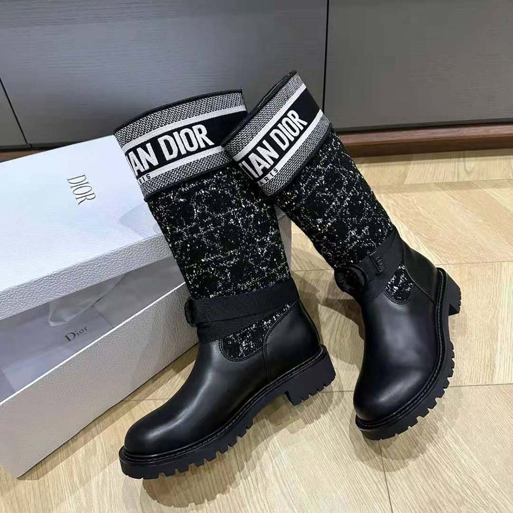 Dior Women D-Major Boot Black Calfskin with Black and White Cannage Tweed - Image 4