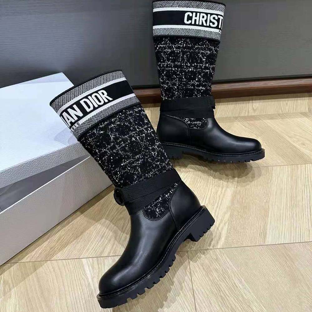 Dior Women D-Major Boot Black Calfskin with Black and White Cannage Tweed - Image 5