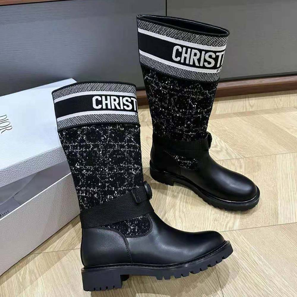 Dior Women D-Major Boot Black Calfskin with Black and White Cannage Tweed - Image 3