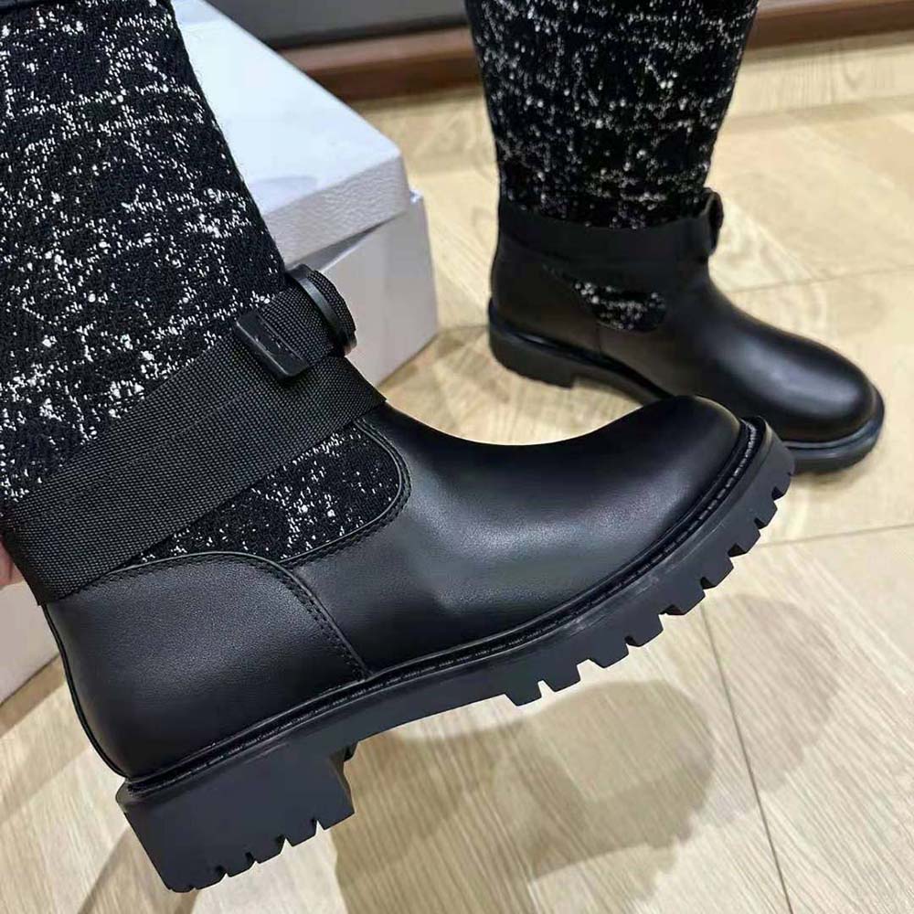 Dior Women D-Major Boot Black Calfskin with Black and White Cannage Tweed - Image 7