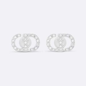 Dior Women Petit CD Mini Stud Earrings Silver-Finish Metal with White Crystals
