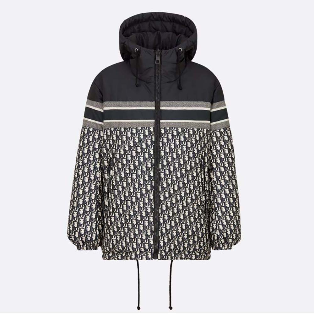 Dior Women Reversible Long Puffer Jacket Blue and Ecru Dior Oblique Quilted Technical Taffeta