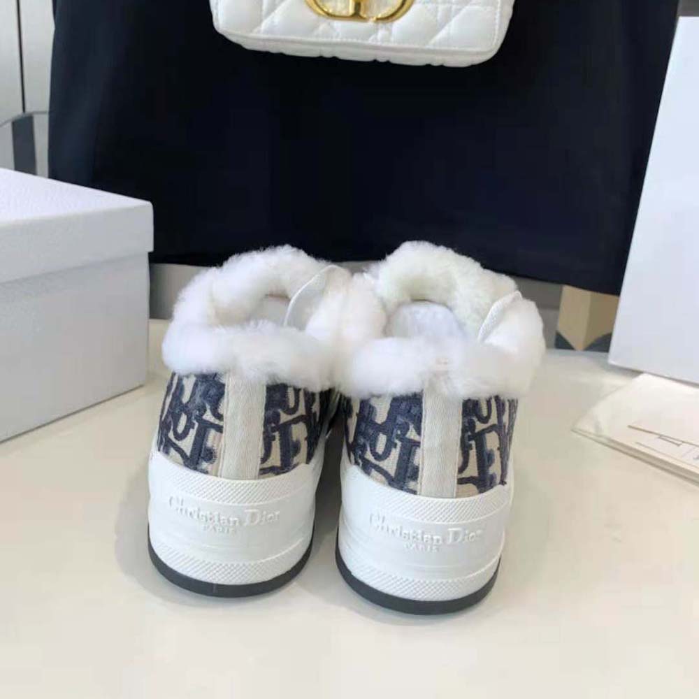 Dior Women Walk'n'dior Platform Sneaker Deep Blue Dior Oblique Embroidered Cotton and White Shearling - Image 9