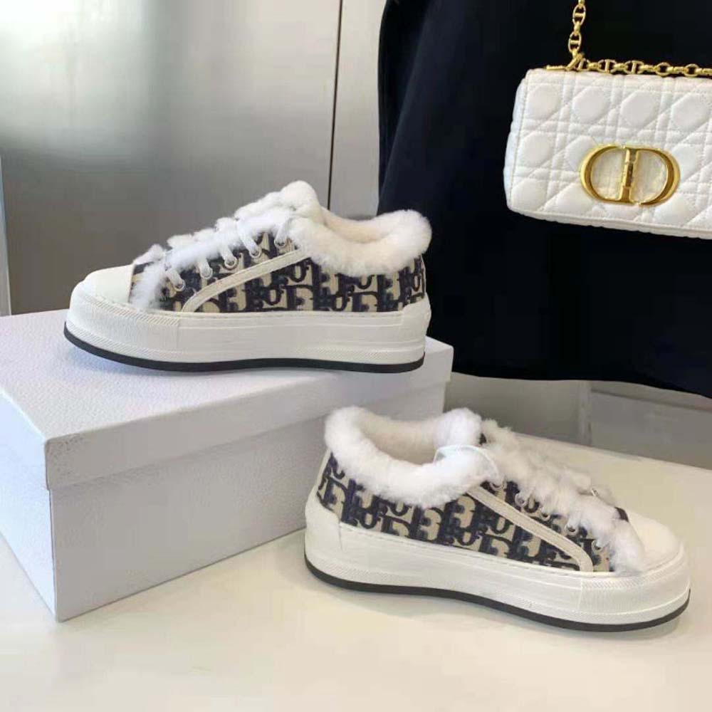 Dior Women Walk'n'dior Platform Sneaker Deep Blue Dior Oblique Embroidered Cotton and White Shearling - Image 5