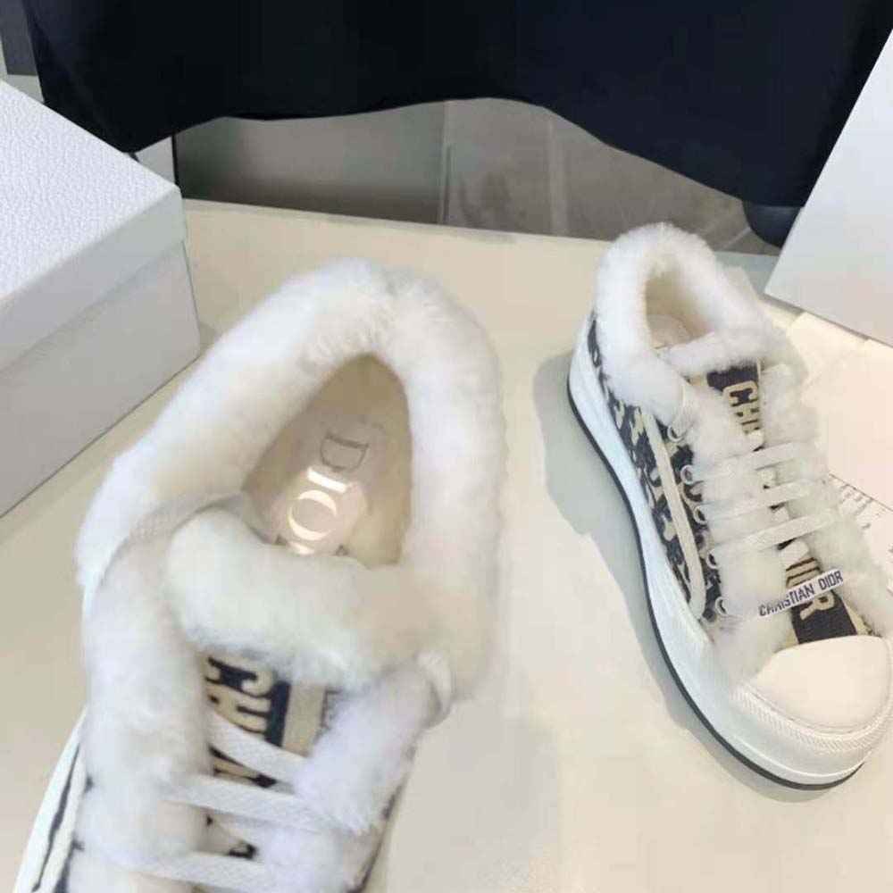 Dior Women Walk'n'dior Platform Sneaker Deep Blue Dior Oblique Embroidered Cotton and White Shearling - Image 8