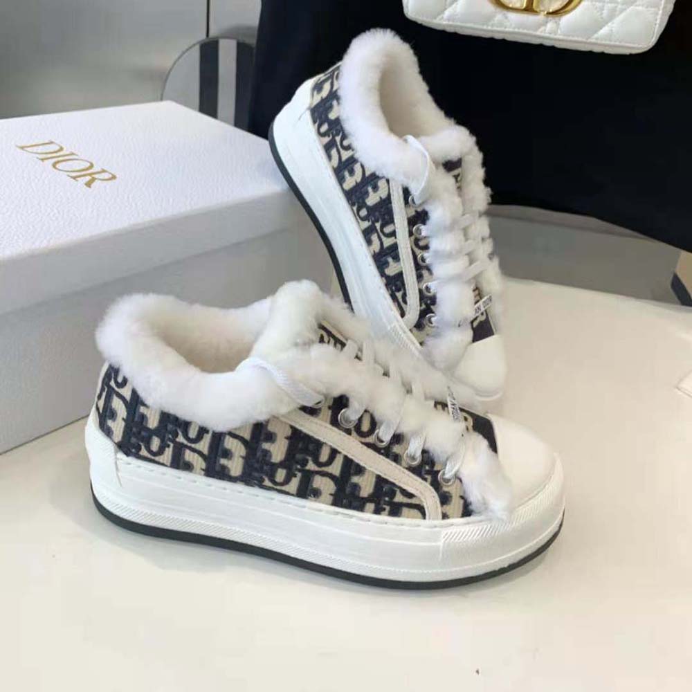 Dior Women Walk'n'dior Platform Sneaker Deep Blue Dior Oblique Embroidered Cotton and White Shearling - Image 6