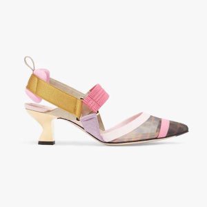 Fendi Women Colibrì Brown Mesh Medium-Heeled Slingbacks