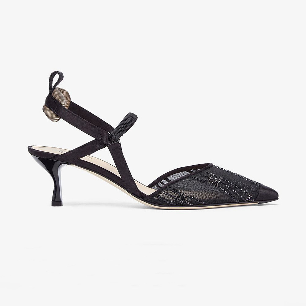 Fendi Women Colibri Medium Heel Slingbacks in Black Mesh with Rhinestone Embroidery