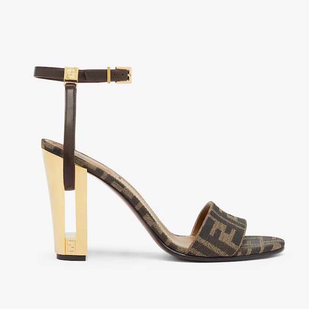 Fendi Women Delfina Brown Fabric High-heeled Sandals