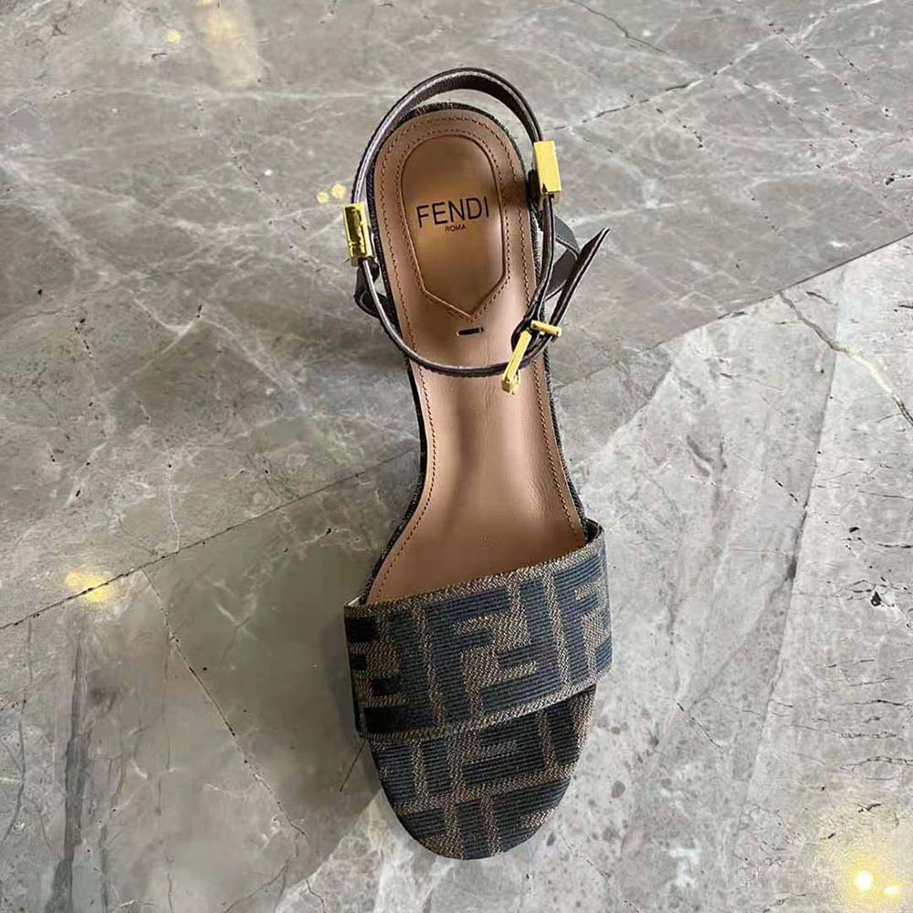 Fendi Women Delfina Brown Fabric High-heeled Sandals - Image 3