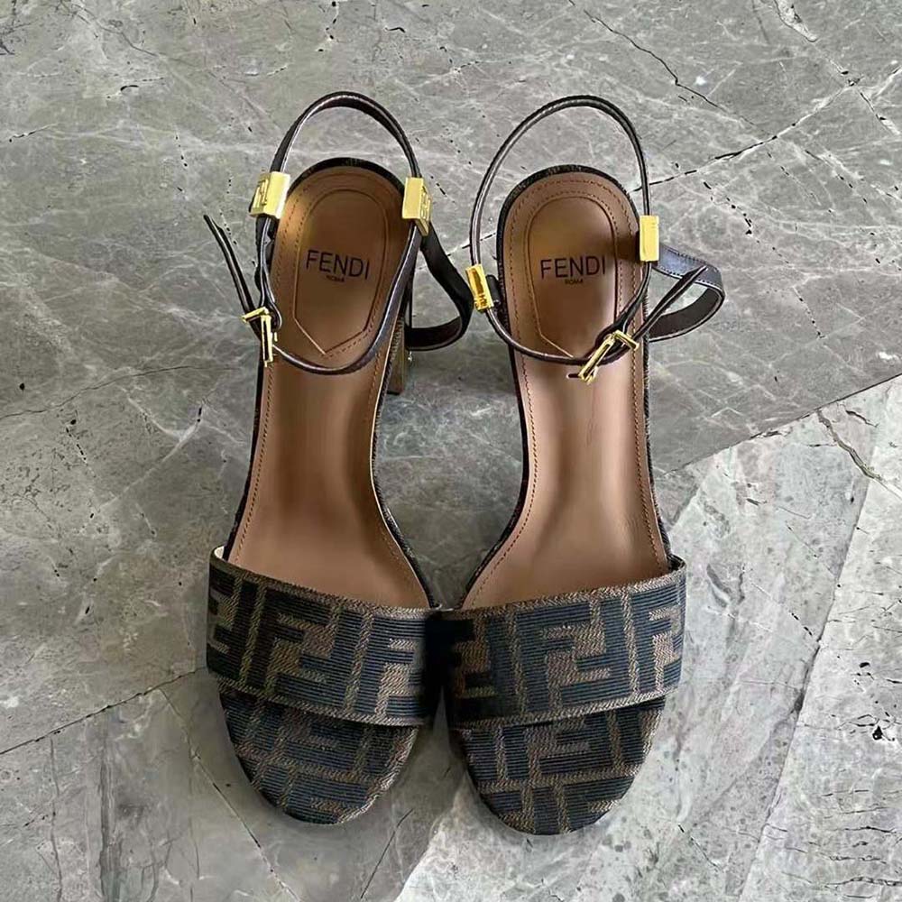 Fendi Women Delfina Brown Fabric High-heeled Sandals - Image 2