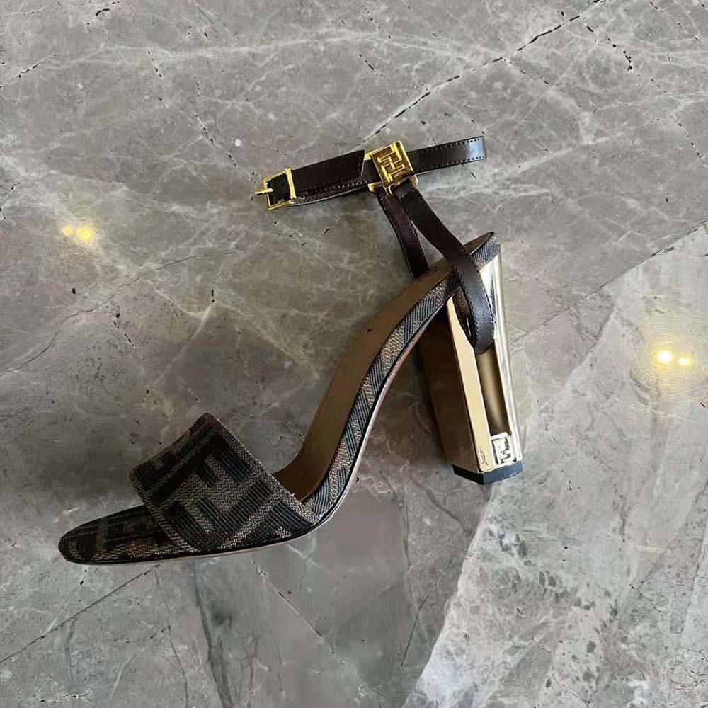 Fendi Women Delfina Brown Fabric High-heeled Sandals - Image 5