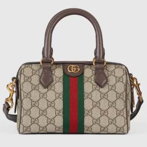 Gucci GG Unisex Ophidia GG Mini Top Handle Bag Beige Ebony GG Supreme Canvas Brown Leather
