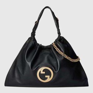 Gucci Unisex GG Gucci Blondie Large Tote Bag Black Leather Round Interlocking G Magnetic Closure