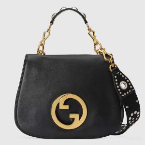 Gucci Women GG Blondie Medium Top Handle Bag Black Leather 721173