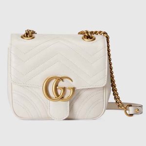 Gucci Women GG Marmont Mini Shoulder Bag White Matelassé Chevron Leather Double G
