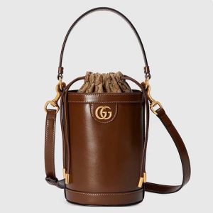 Gucci Women GG Ophidia Mini Bucket Bag Brown Leather Double G Drawstring Closure