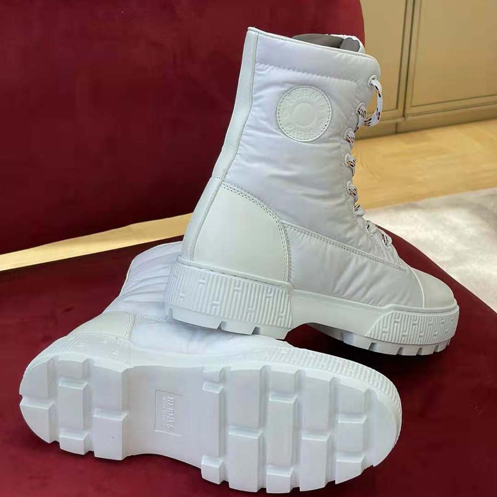 Hermes Unisex Fresh Ankle Boot in Calfskin and Light Parachute Fabric with Rubber Sole-White - Image 7