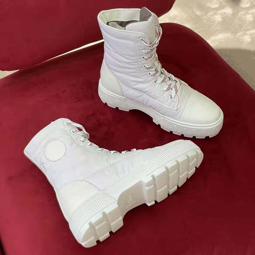 Hermes Unisex Fresh Ankle Boot in Calfskin and Light Parachute Fabric with Rubber Sole-White - Image 8