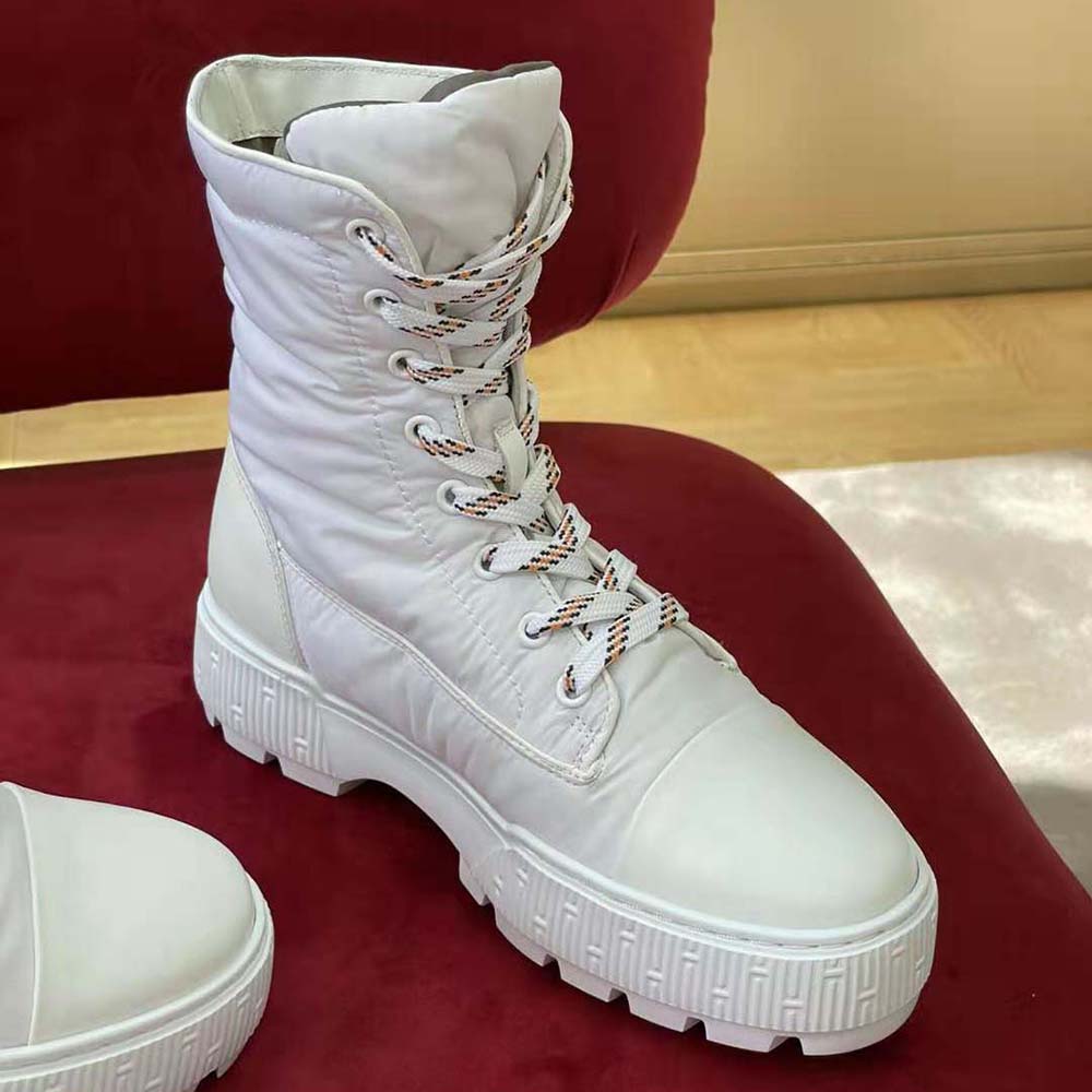 Hermes Unisex Fresh Ankle Boot in Calfskin and Light Parachute Fabric with Rubber Sole-White - Image 9