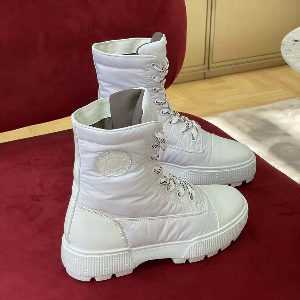 Hermes Unisex Fresh Ankle Boot in Calfskin and Light Parachute Fabric with Rubber Sole-White - Image 6