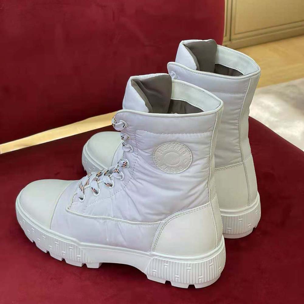 Hermes Unisex Fresh Ankle Boot in Calfskin and Light Parachute Fabric with Rubber Sole-White - Image 5