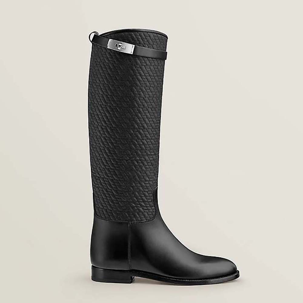 Hermes Women Jumping Boot in Quilted Canvas and Calfskin-Black