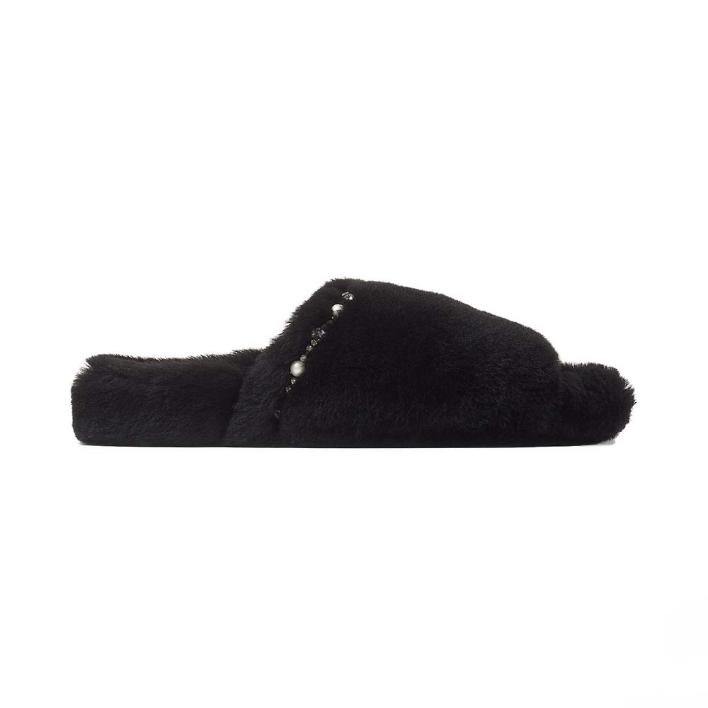 Jimmy Choo Women Acinda Slipper Black Shearling Slippers with Crystal and Pearl Detailing