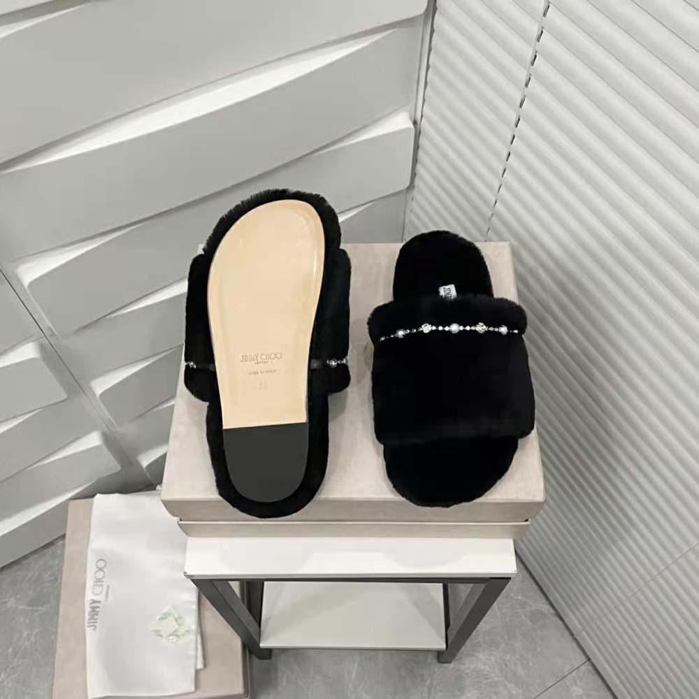 Jimmy Choo Women Acinda Slipper Black Shearling Slippers with Crystal and Pearl Detailing - Image 10