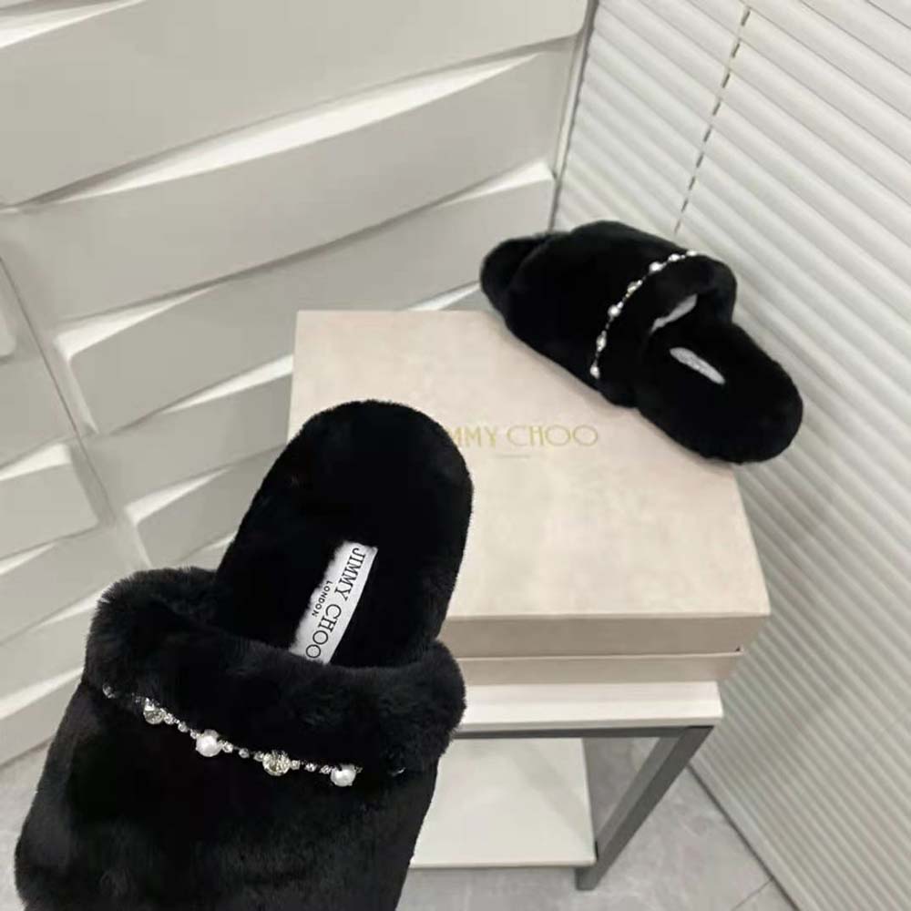 Jimmy Choo Women Acinda Slipper Black Shearling Slippers with Crystal and Pearl Detailing - Image 9