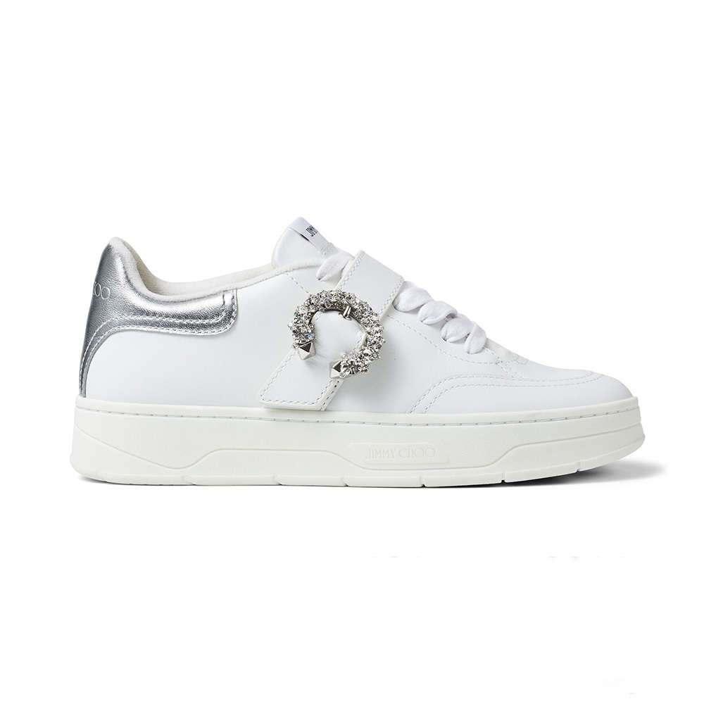 Jimmy Choo Women Osaka Lace up White Calf Leather and Silver Metallic Nappa Low Top Trainers