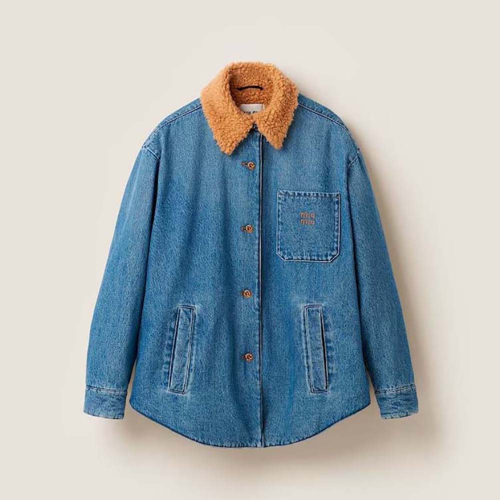Miu Miu Women Embroidered Denim Blouson Jacket with Embroidered Logo