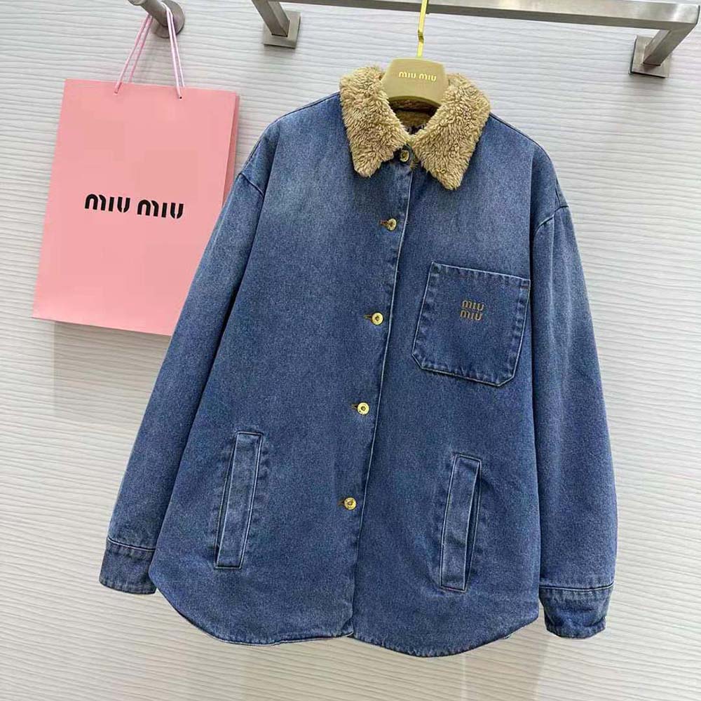 Miu Miu Women Embroidered Denim Blouson Jacket with Embroidered Logo - Image 2
