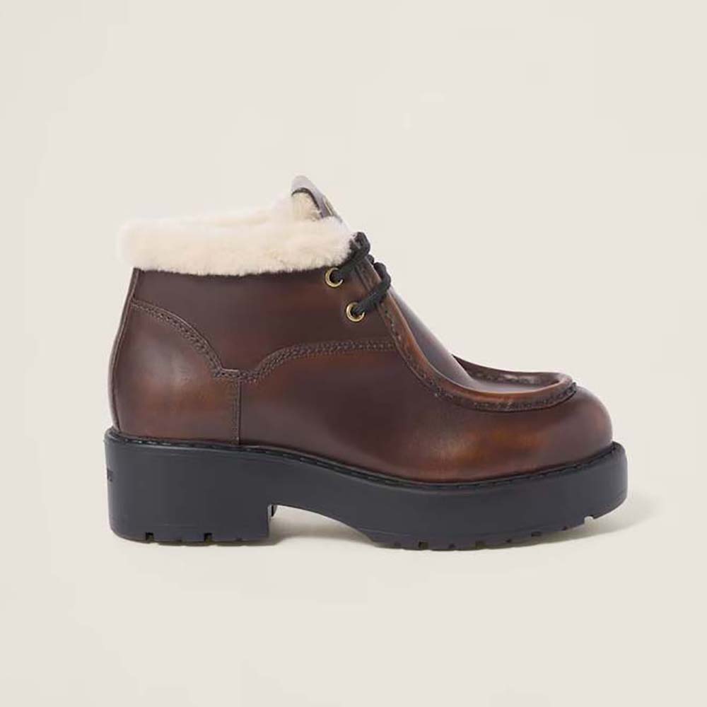 Miu Miu Women Fumé Leather Booties-Brown