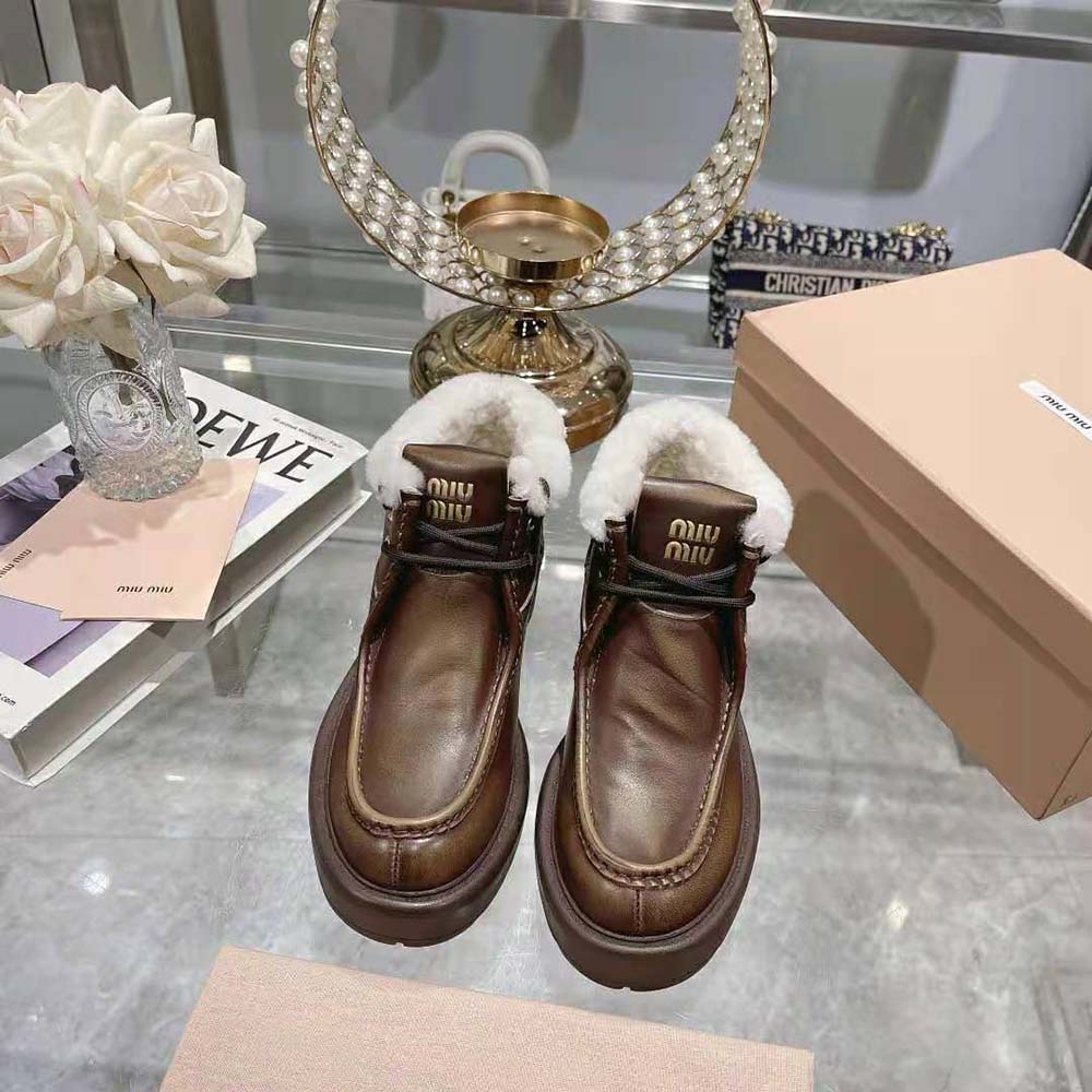 Miu Miu Women Fumé Leather Booties-Brown - Image 2