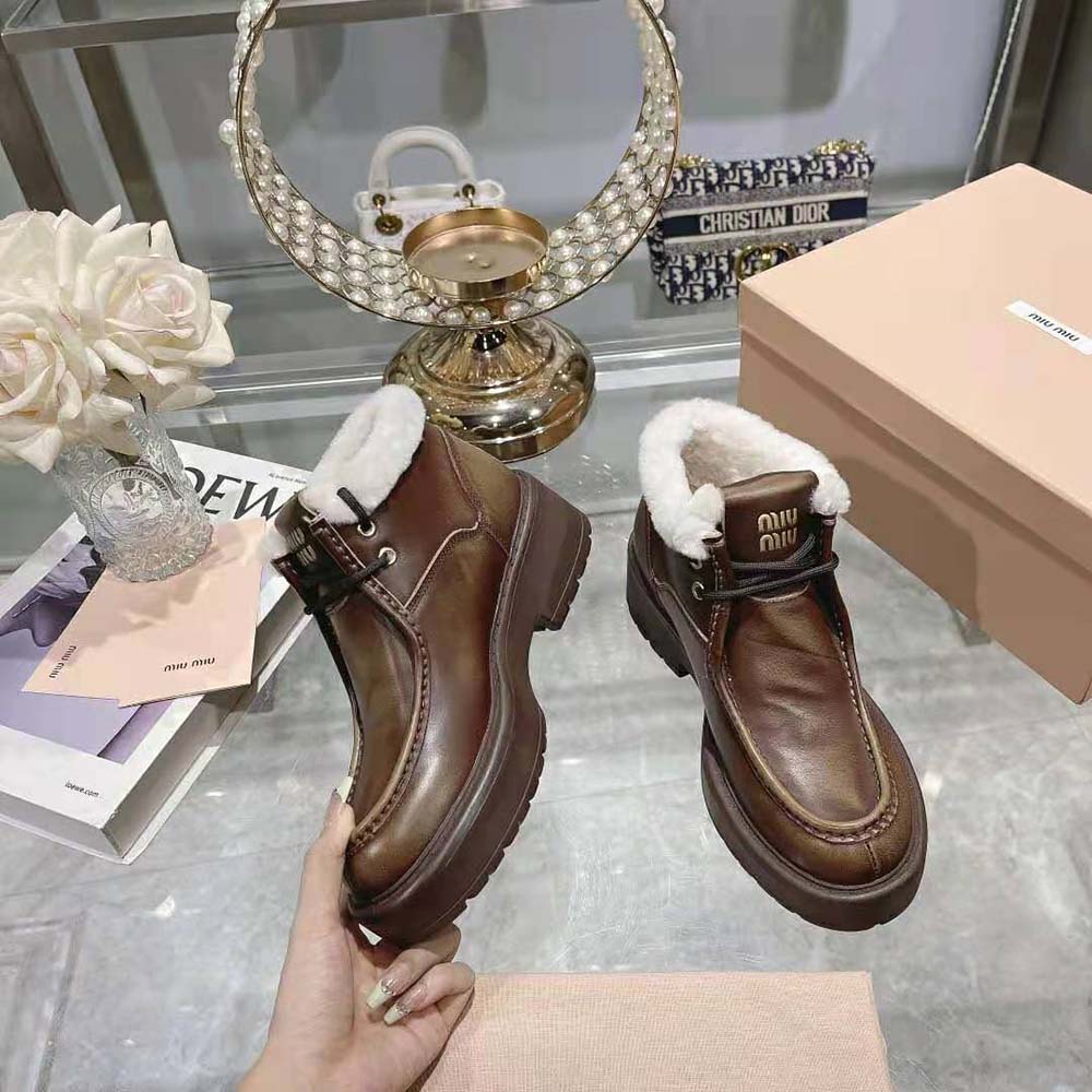 Miu Miu Women Fumé Leather Booties-Brown - Image 4