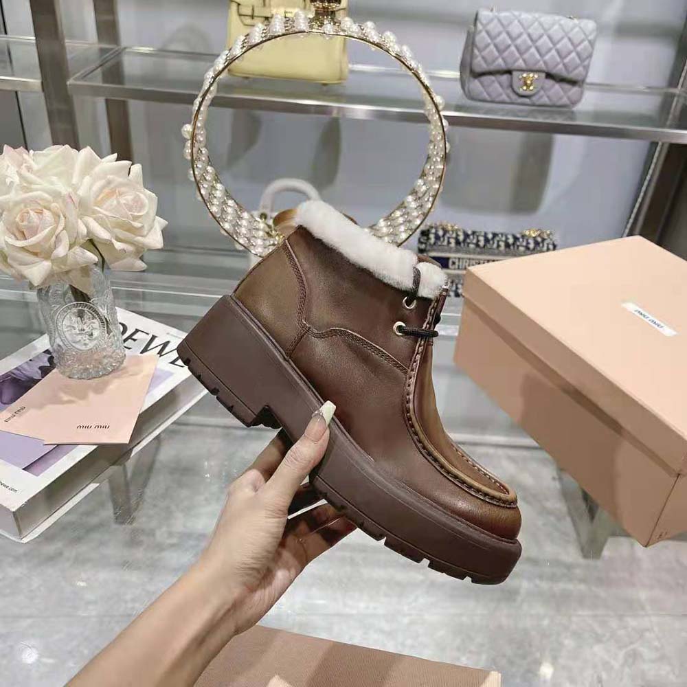 Miu Miu Women Fumé Leather Booties-Brown - Image 6
