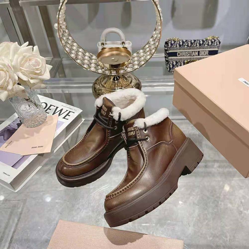Miu Miu Women Fumé Leather Booties-Brown - Image 5