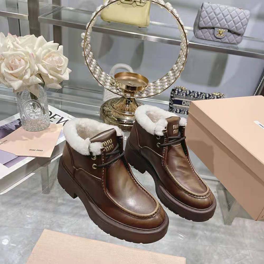 Miu Miu Women Fumé Leather Booties-Brown - Image 3