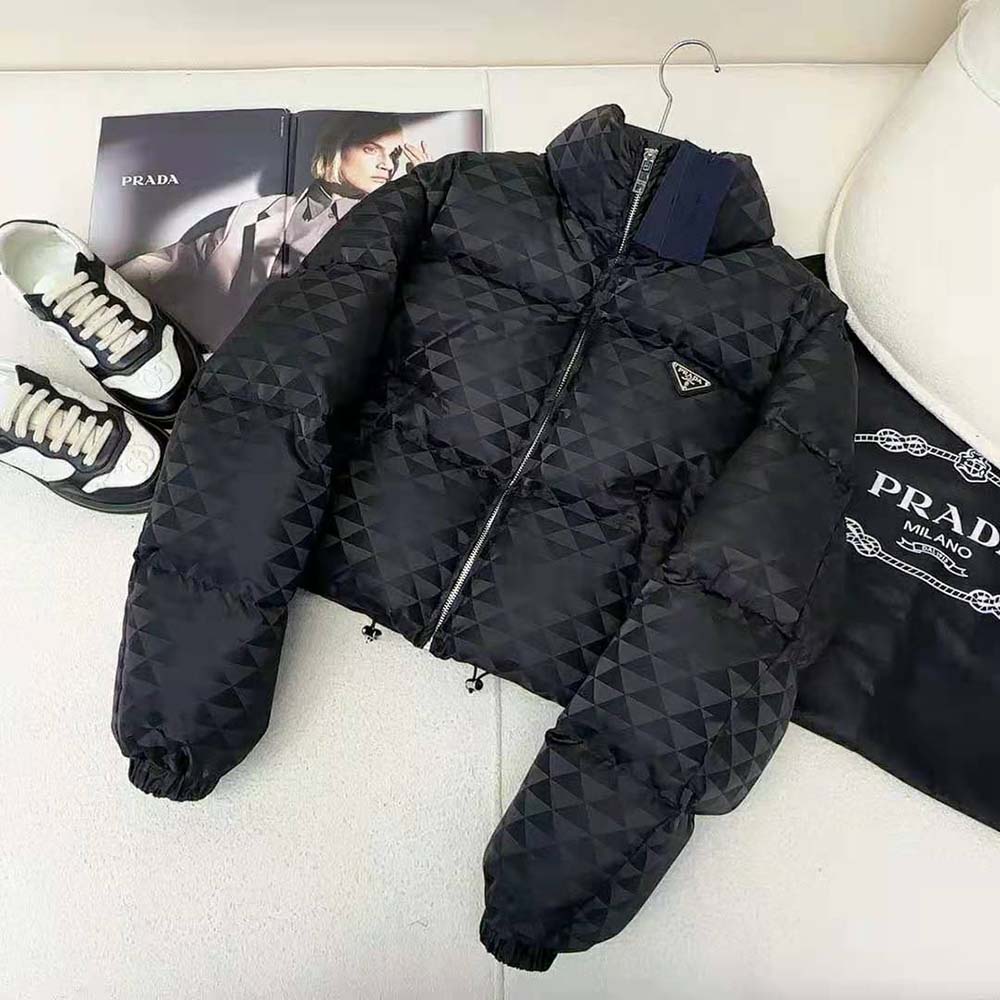 Prada Women Re-Nylon Cropped Hooded Down Jacket-Black - Image 2