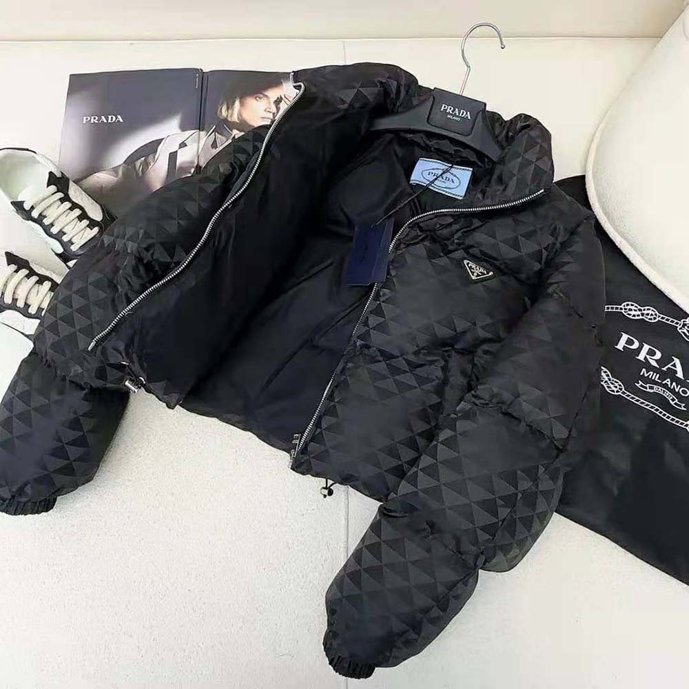 Prada Women Re-Nylon Cropped Hooded Down Jacket-Black - Image 6