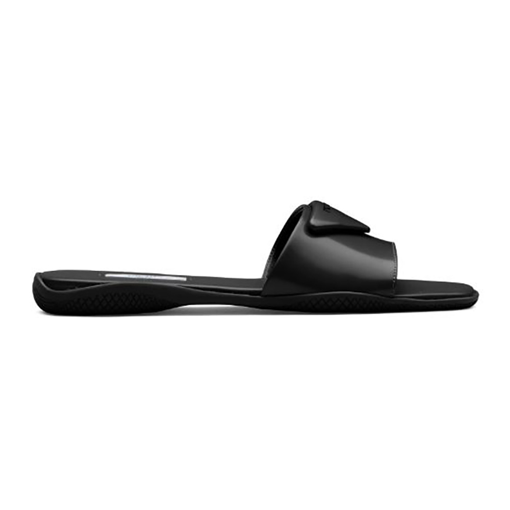 Prada Women Brushed Leather Slides Triangle Logo-Black