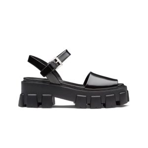 Prada Women Monolith Brushed Leather Sandals in 55mm Heel-Black