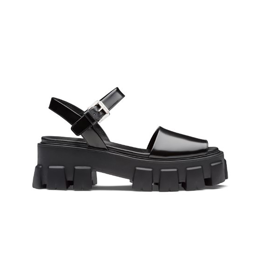 Prada Women Monolith Brushed Leather Sandals in 55mm Heel-Black